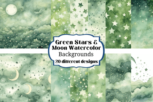 Green Watercolor Stars Moon Backgrounds for Creative Projects