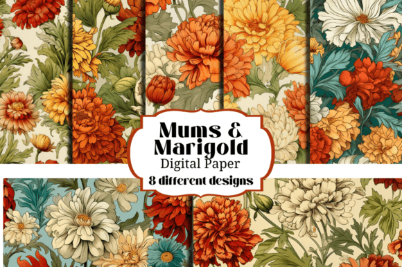 Marigolds & Mums Seamless Backgrounds for Crafts & Design