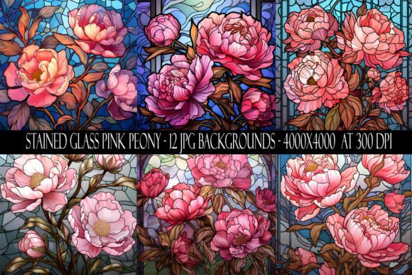 Stained Glass Pink Peony Backgrounds for Digital Design