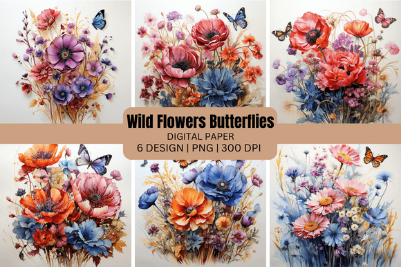 Wild Flowers Butterflies Backgrounds for Creative Projects